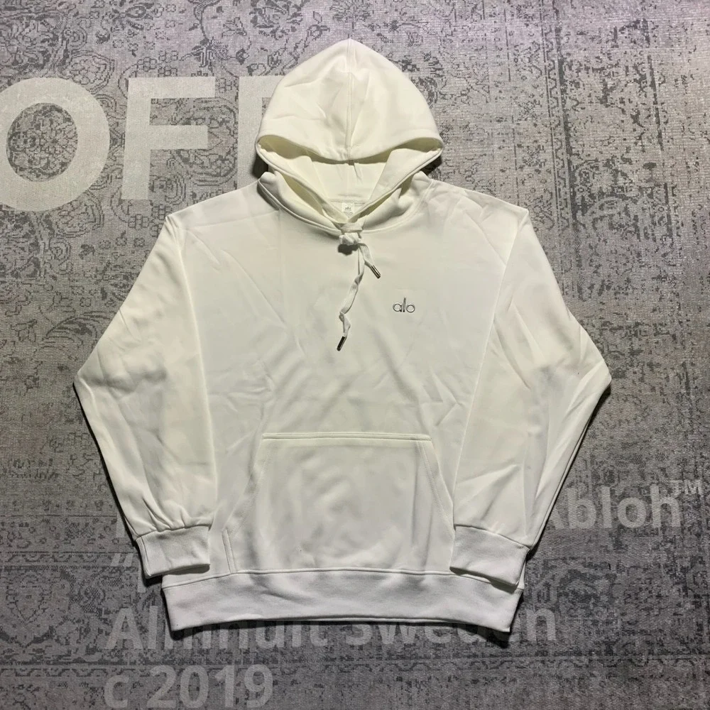 Alo Yoga White Cuffed Sweats Pullover Hoodie and Sweatpants Set Medium